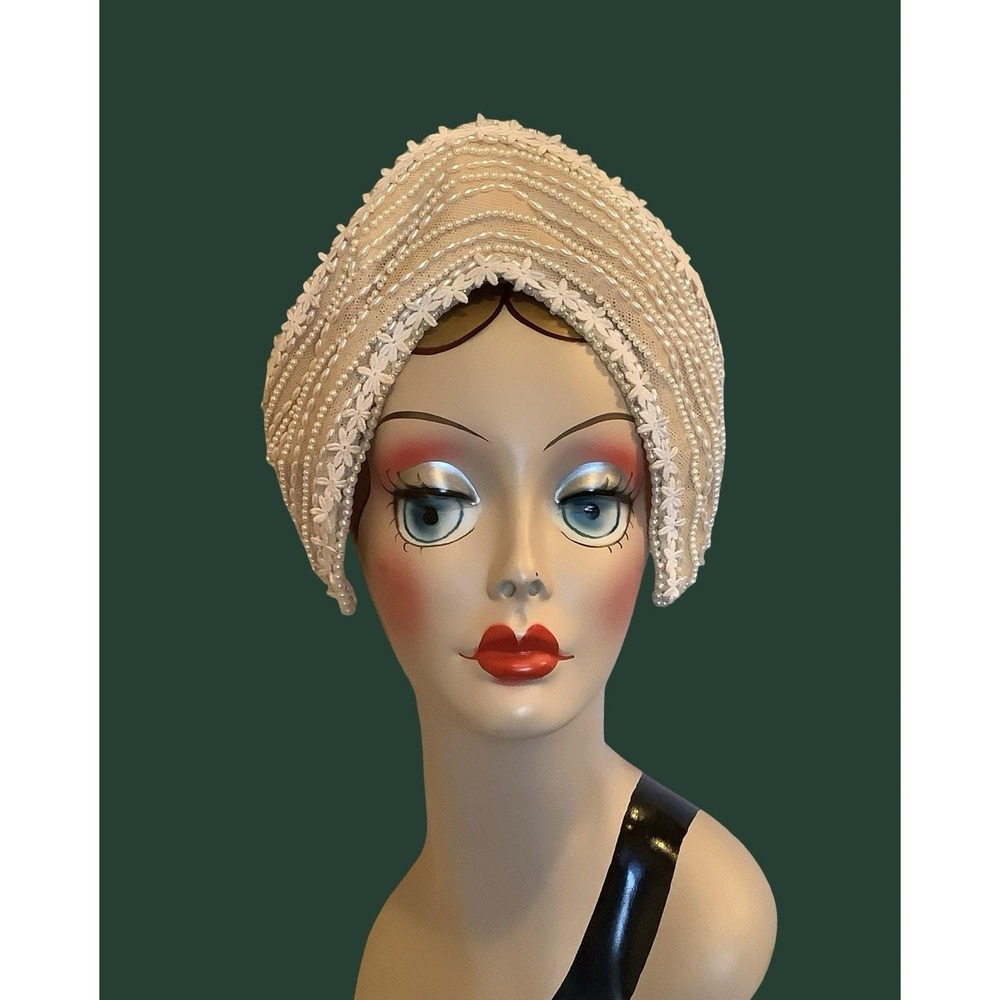 Vintage Ivory French Hood Beaded Wedding Cap Floral Trim Hat